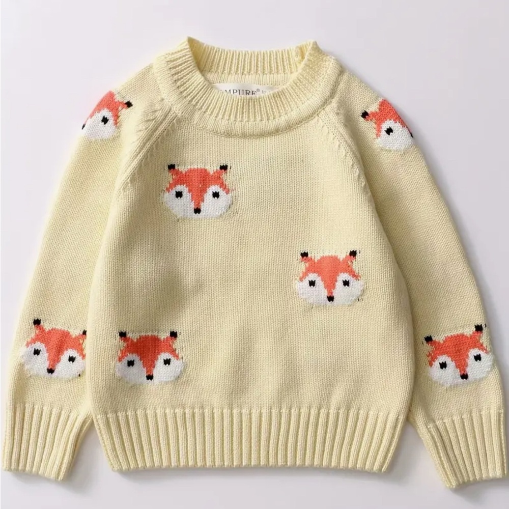 Charming Fox Pattern Kids Sweater in Soft Yellow